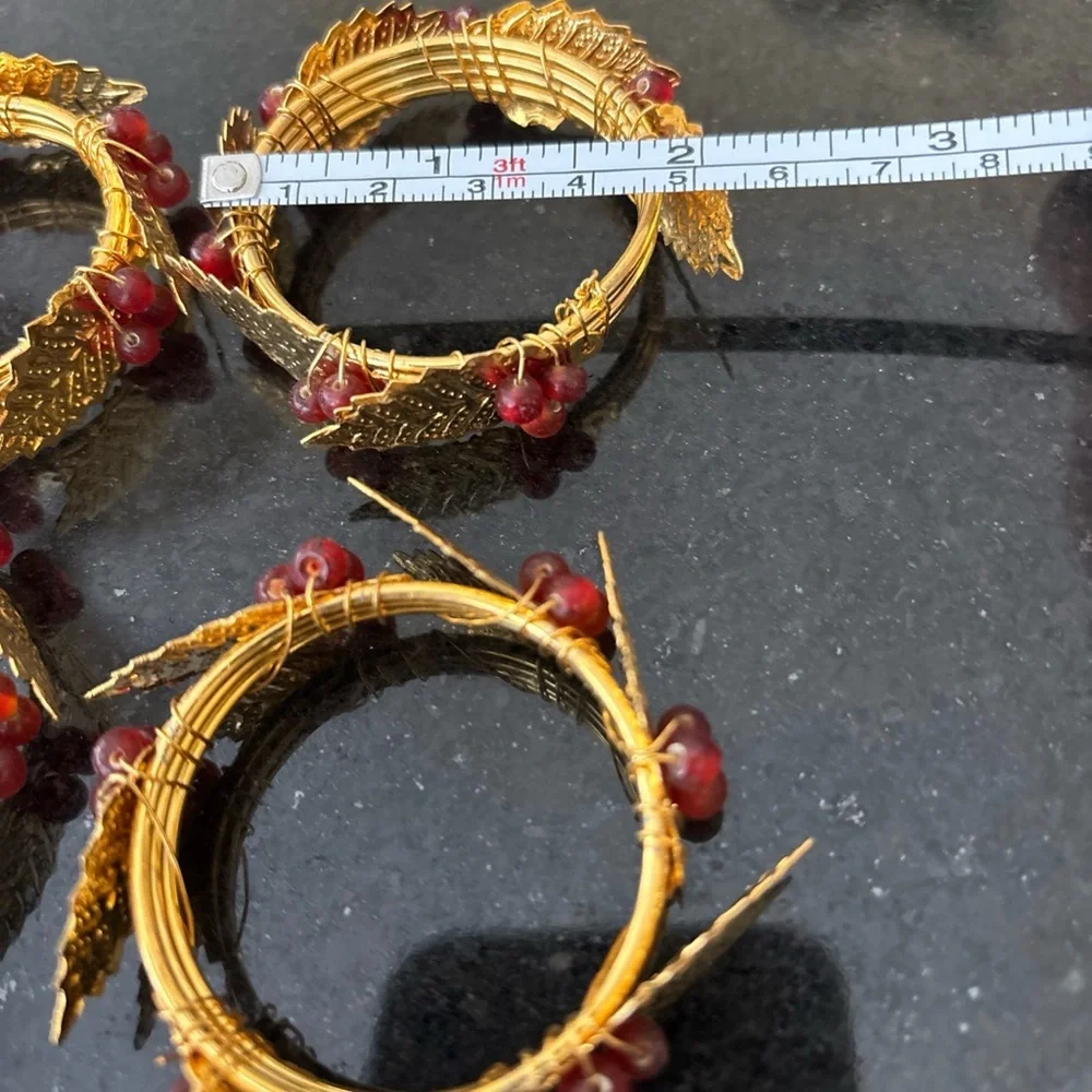 Gold Metal Wire and Leaf with Red Berries Design Napkin Rings Set of 6 Beautiful